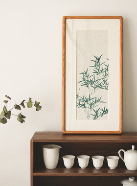 绿色竹子装饰画新中式日式茶室竖版四联办公室餐厅玄关实木壁挂画