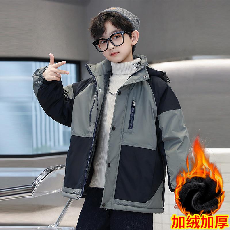 儿童装男童加绒外套秋冬款新款冬装冲锋衣加厚男孩冬季中大童