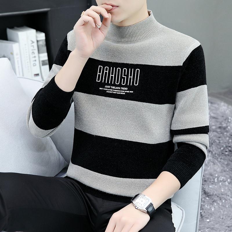 毛衣男士秋冬加绒加厚针织打底衫潮流休闲半高领一体绒条纹线衣男