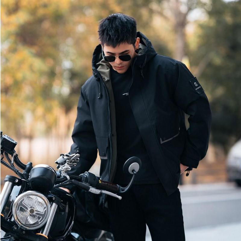 工装连帽二棉外套男款2025冬季新款加棉加厚防风棉服冲锋衣男潮牌