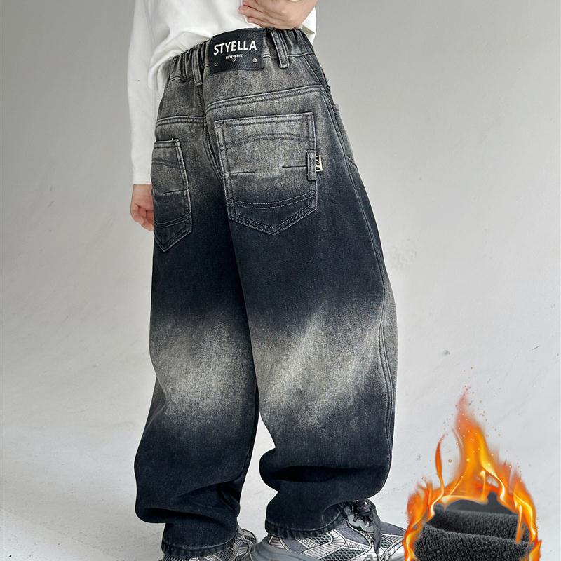 儿童装男童加绒裤子新款秋冬款牛仔加厚一体绒男孩冬季大童潮