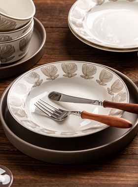 纪恋爱丽丝碗碟套装家用陶瓷菜盘餐具灰色高级感西餐圆餐盘碗筷勺