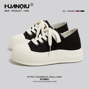 女2026新款 运动小白鞋 春季 面包鞋 休闲板鞋 环球两穿黑色厚底帆布鞋