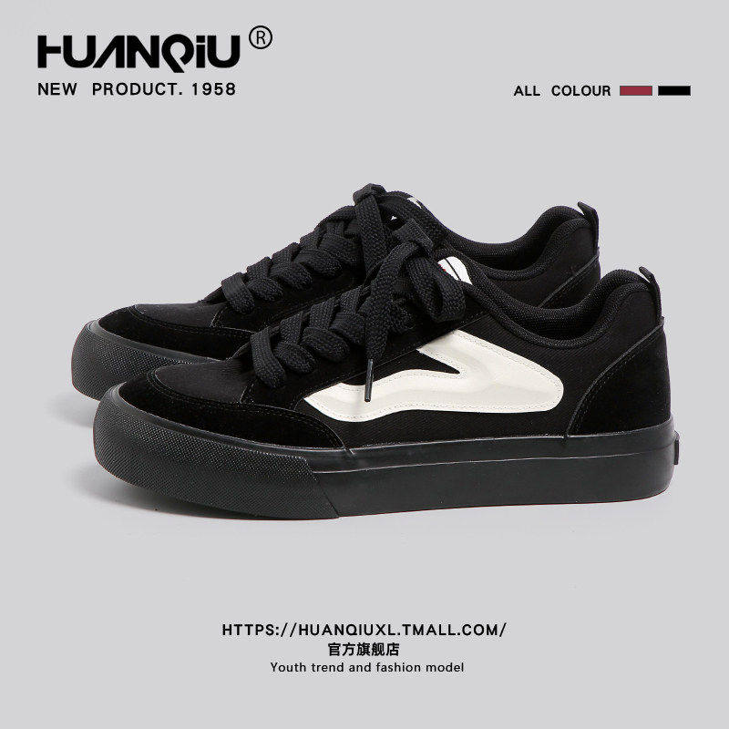 环球厚底面包鞋男款2026新款春季黑色学生帆布低帮休闲运动滑板鞋