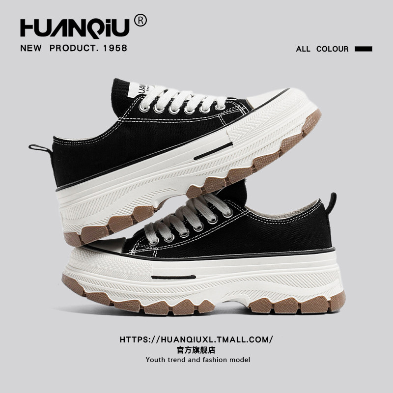 环球爆款厚底帆布鞋女2026新款春季黑色休闲鞋增高百搭松糕小白鞋
