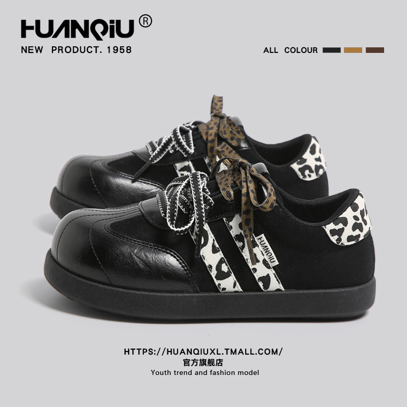环球黑色豹纹德训鞋女款2026新款春季运动休闲板鞋软底大头泡芙鞋