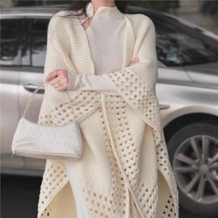 米白色针织开叉披肩女春秋季加厚连衣裙穿搭斗篷云南丽江旅游披风