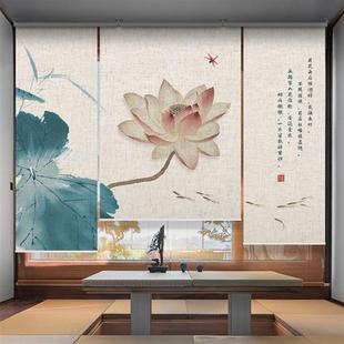 饰帘 新中式 亚麻禅意电动卷帘窗帘升降卷拉式 打孔式 遮阳遮光茶室装