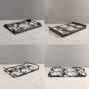 轻奢金属皮革马毛纹收纳托盘摆件样板间售楼处酒店香薰托盘装 饰品