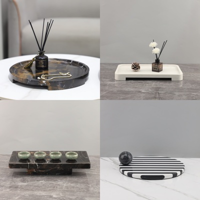 天然大理石圆形果盘装饰托盘摆件