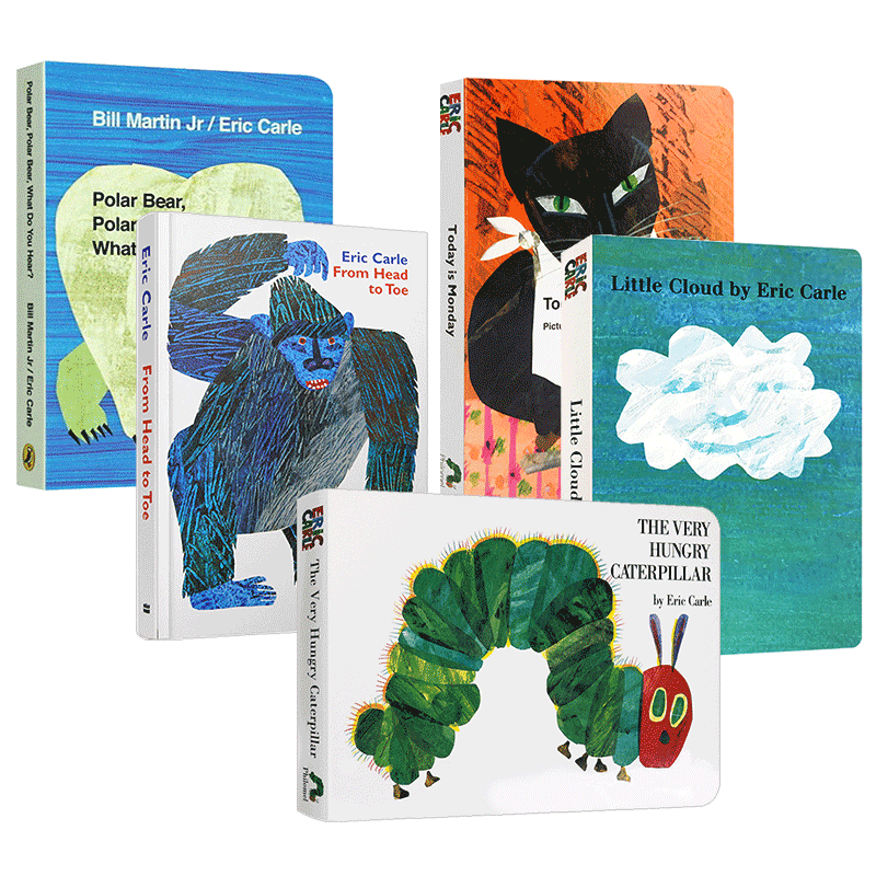 Eric Carle 卡尔爷爷经典绘本5本套装纸板书 英文原版 饥饿的毛毛虫The very hungry caterpillar今天是星期一北极熊你听到了什么
