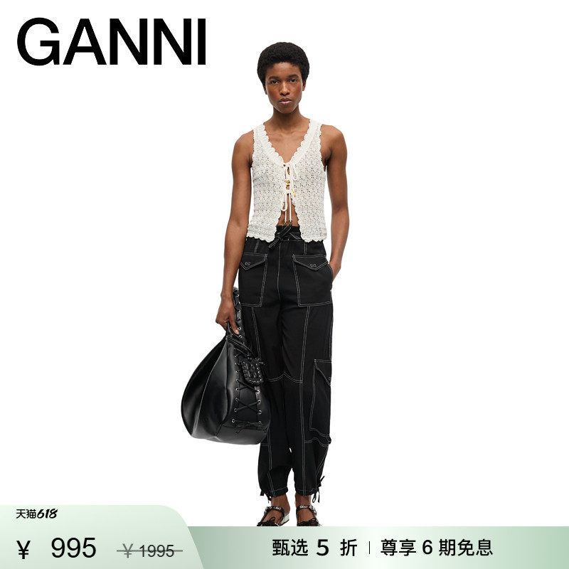 【惊喜首降】GANNI女装 米白色V领系带镂空背心针织马甲 K2545135