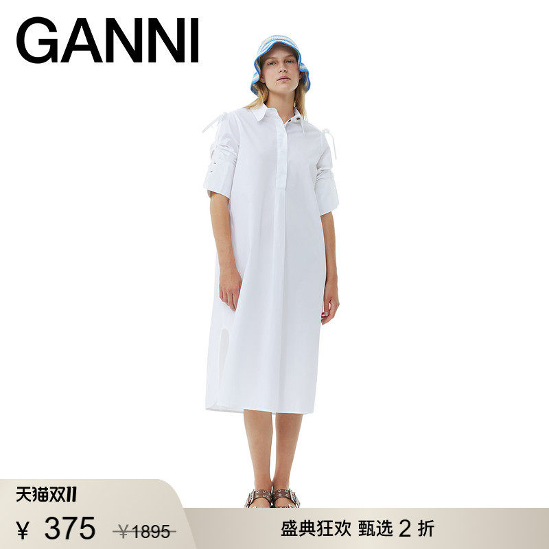 【甄选折扣】GANNI女装 纯白秋季长袖中长款衬衫连衣裙 F9367151