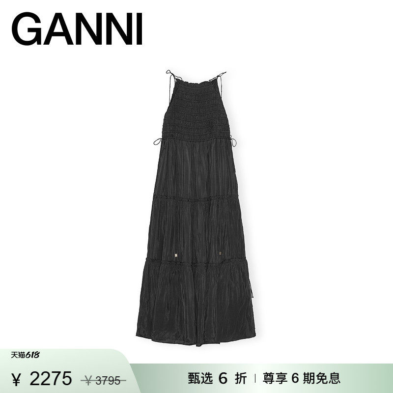 【惊喜首降】GANNI女装 黑色长裙可调节抽绳仙女连衣裙 W0972252