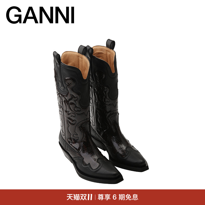 GANNI女鞋 黑色复古刺绣中筒西部靴骑士靴 S2857070