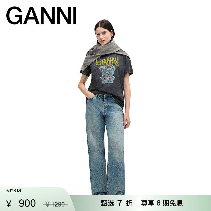【甄选折扣】GANNI女装 美式泰迪熊纯棉黑色短袖T恤 A1050076055
