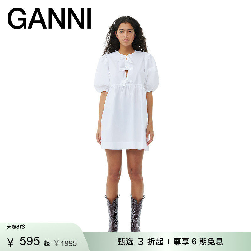 【甄选折扣】GANNI女装 白色系带棉质泡泡袖短裙连衣裙 F9170151