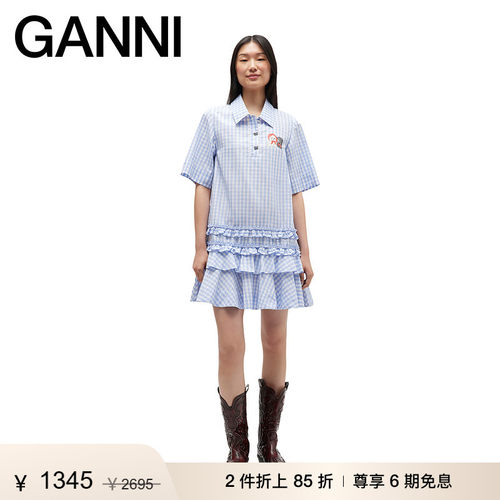 【折上2件85折】GANNI女装 格纹学院风衬衫连衣裙百褶裙W110901M