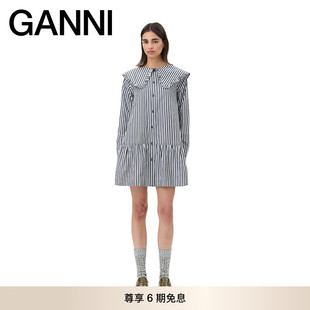 GANNI女装 黑白法式条纹气质娃娃领夏裙子荷叶边连衣裙 W0098099