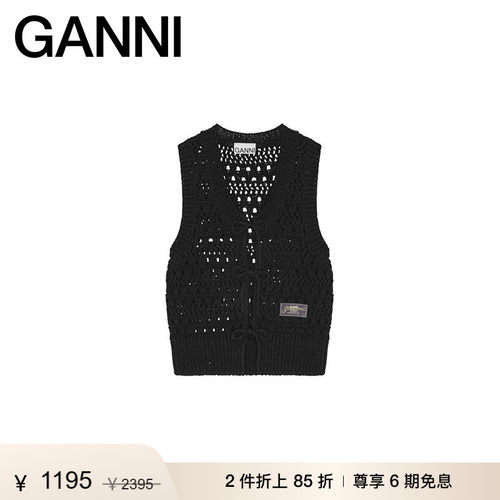【折上2件85折】GANNI女装 黑色V领系带毛衣背心针织马甲K2471099