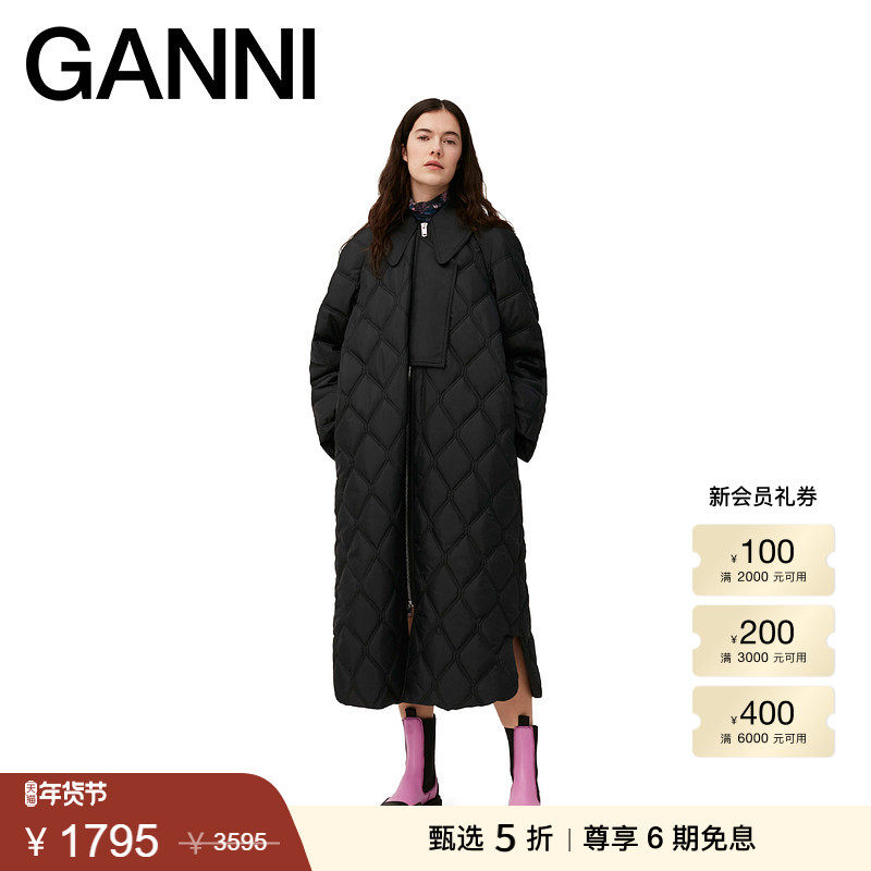 【甄选折扣】GANNI女装翻领长款绗缝大衣棉服外套 F7327099