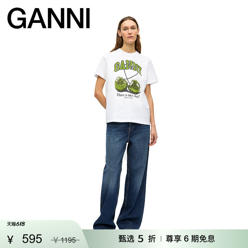 【甄选折扣】GANNI女装 绿樱桃休闲宽松圆领短袖T恤上衣 T4291151