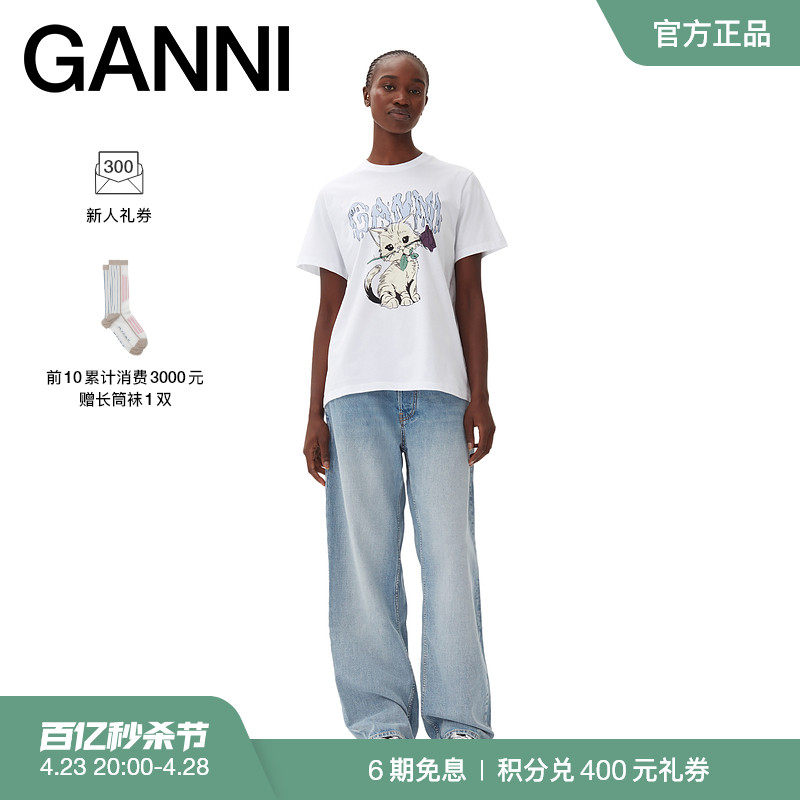 【春夏新款】GANNI女装 白色玫瑰猫咪印花休闲短袖T恤衫T3995151