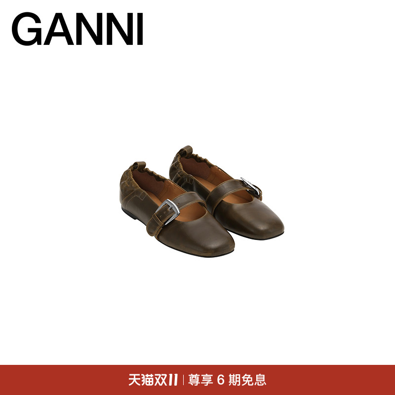 GANNI女鞋 橄榄色搭扣芭蕾浅口单鞋平底鞋S3118826