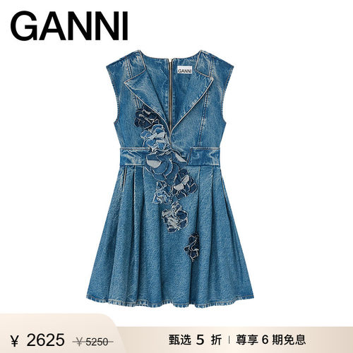 【新品首降】GANNI女装 无袖立体花卉收腰牛仔连衣裙 A1030455566