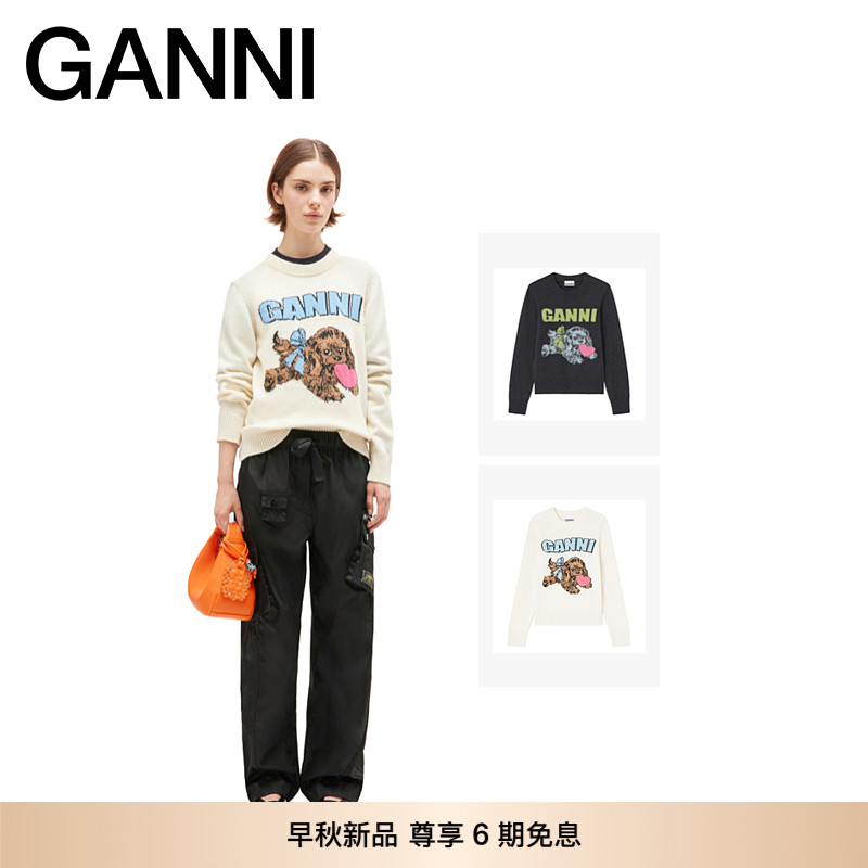 【早秋新品】GANNI女装 卡通小狗图案柔软圆领针织套衫长袖毛衣
