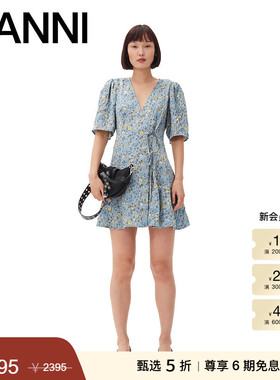 【甄选折扣】GANNI女装 蓝色碎花V领裹身式短裙连衣裙 F9465766