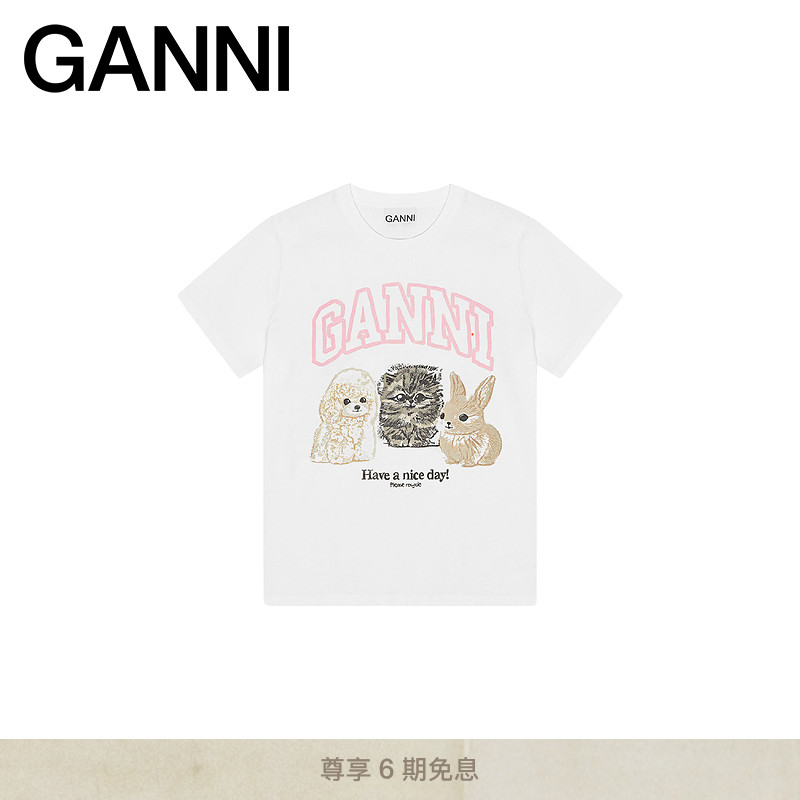 GANNI女装 白色趣味小动物印花圆领短袖T恤 T4376151