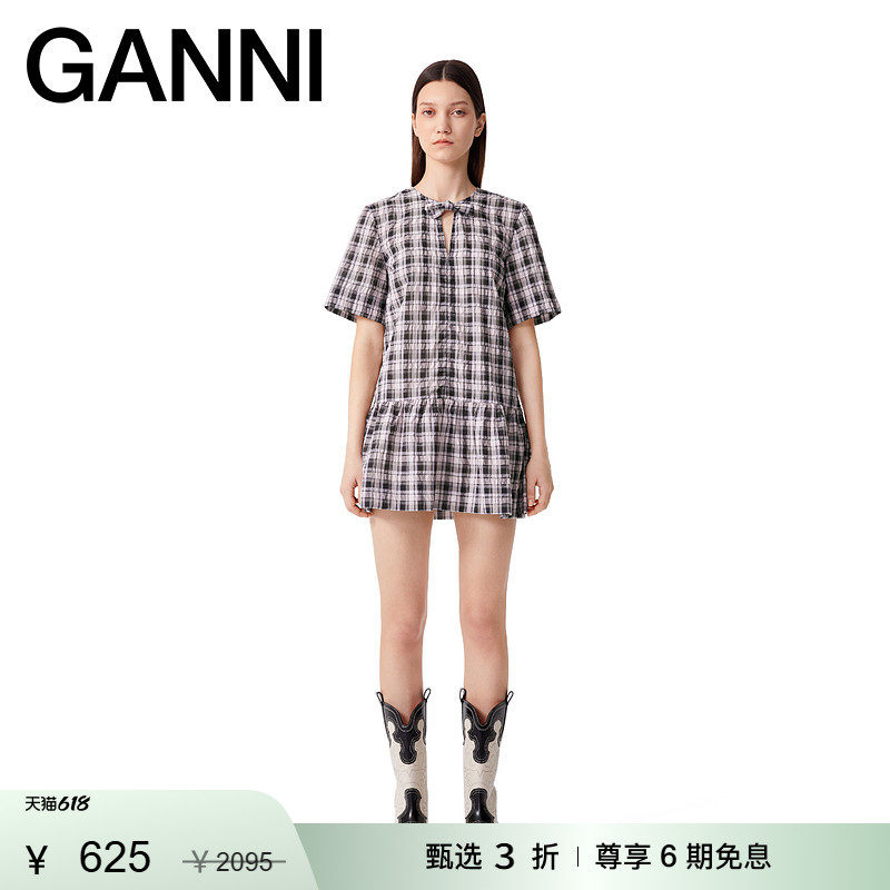 【甄选折扣】GANNI女装 淡紫色甜美泡泡纱短款连衣裙短裙F9637428