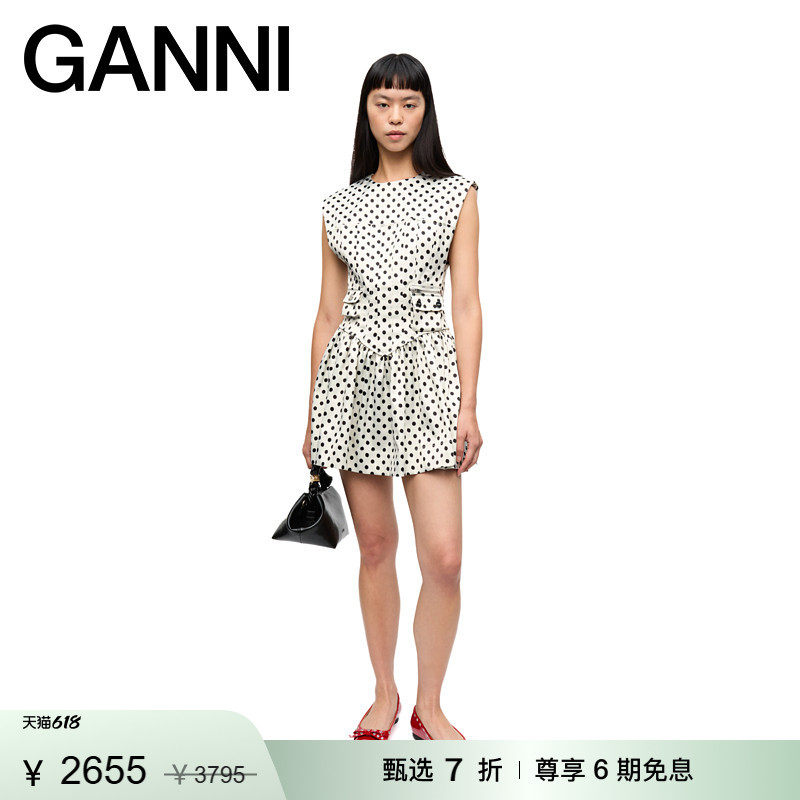 【甄选折扣】GANNI女装 垫肩宽松波点裙子缎面连衣裙中裙W0363135