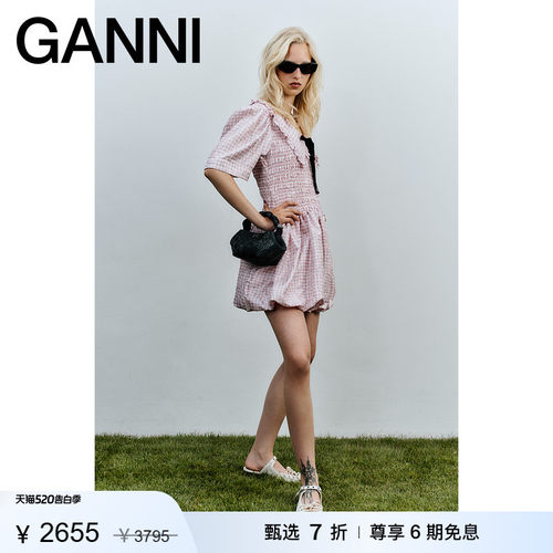 【甄选折扣】GANNI女装 粉色格纹系带泡泡袖茶歇裙连衣裙W0603038