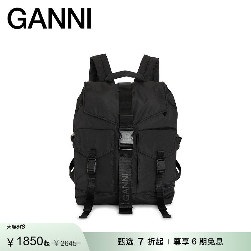 【甄选折扣】GANNI女包 黑色logo简约双肩包旅行包背包 A4755099