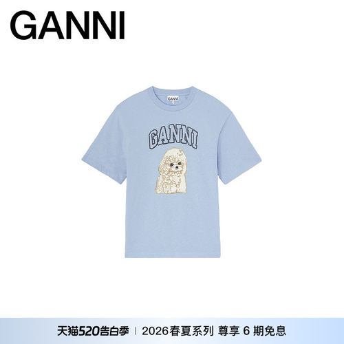【春夏新款】GANNI女装 可爱贵宾犬休闲短袖蓝色T恤 A1050297326