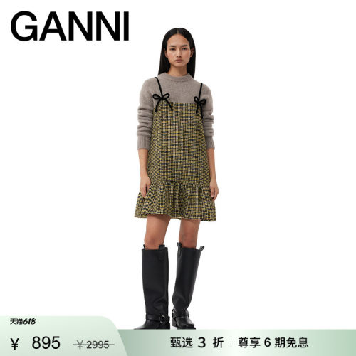 【惊喜首降】GANNI女装 蝴蝶结吊带千鸟格格纹短裙连衣裙F8602358