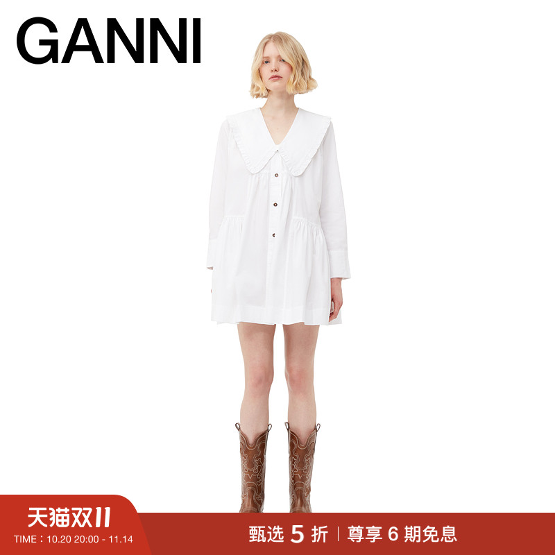 GANNI约会连衣裙娃娃领棉小白裙