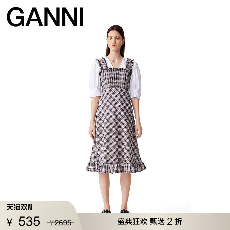 【甄选折扣】GANNI女装 荷叶边泡泡纱裙子夏无袖连衣裙 F9636428