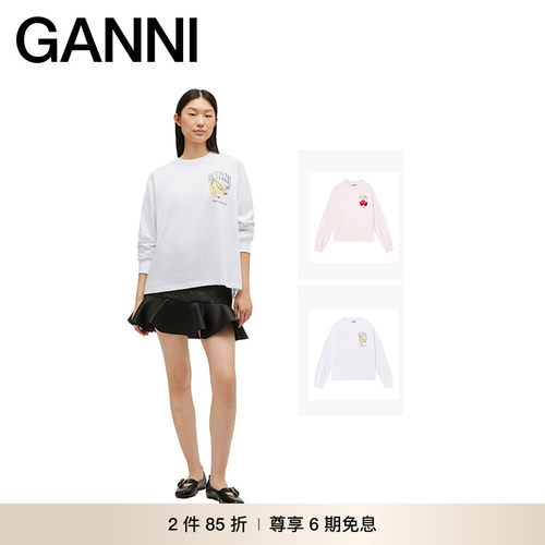 【2件85折】GANNI女装 秋季香蕉舒适印花美式长袖T恤 A1050059151