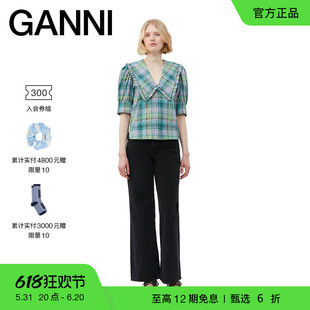 上衣F8067759 甄选折扣 格子衬衫 湖蓝色廓形娃娃领泡泡袖 GANNI