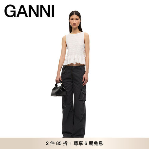 【2件85折】GANNI女装 白色缩褶背心简约夏无袖短款上衣 W0886151