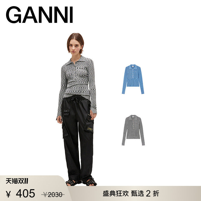 【甄选折扣】GANNI女装 秋针织长袖内搭修身条纹马球衫 K2606099