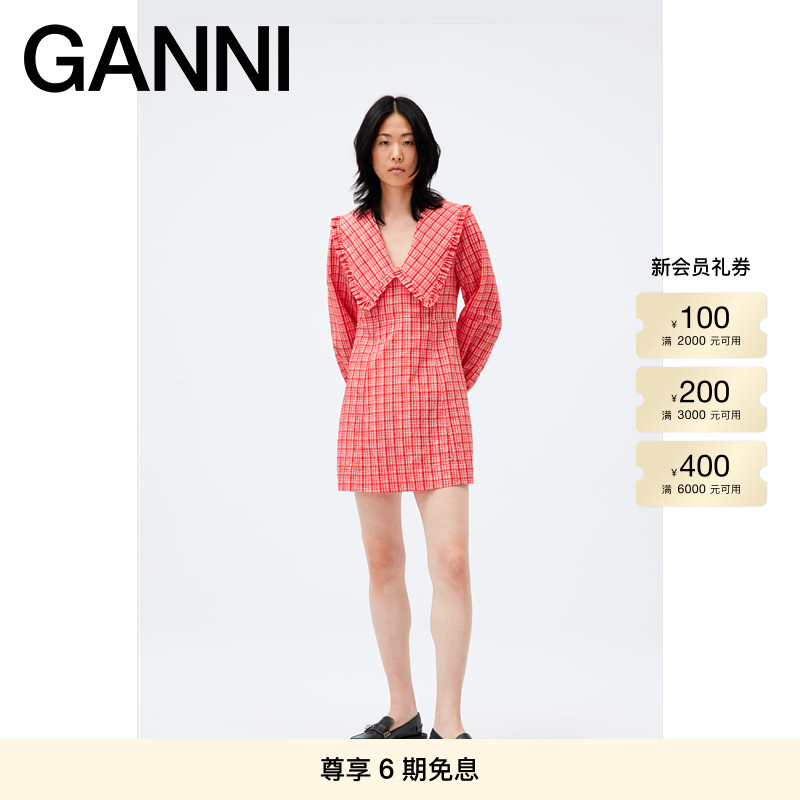 ganni女装2021秋冬v领格子彼得潘