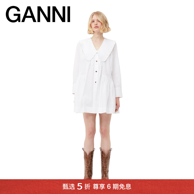 GANNI约会连衣裙娃娃领棉小白裙