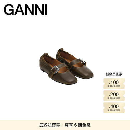 GANNI女鞋 橄榄色搭扣芭蕾浅口单鞋平底鞋S3118826