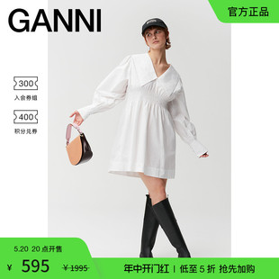 甄选折扣 GANNI 白色V领泡泡袖 F6835151 收腰棉府绸衬衫 连衣裙