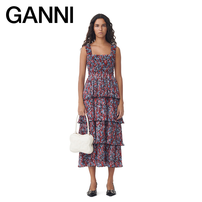 【独家惊喜盒】GANNI女装 红色碎花方领百褶蛋糕连衣裙 F8919472