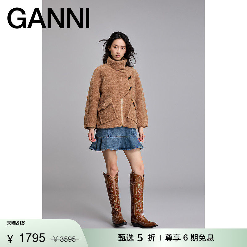 【惊喜首降】GANNI女装 羊毛混纺高领毛呢夹克潮流外套 F9090177